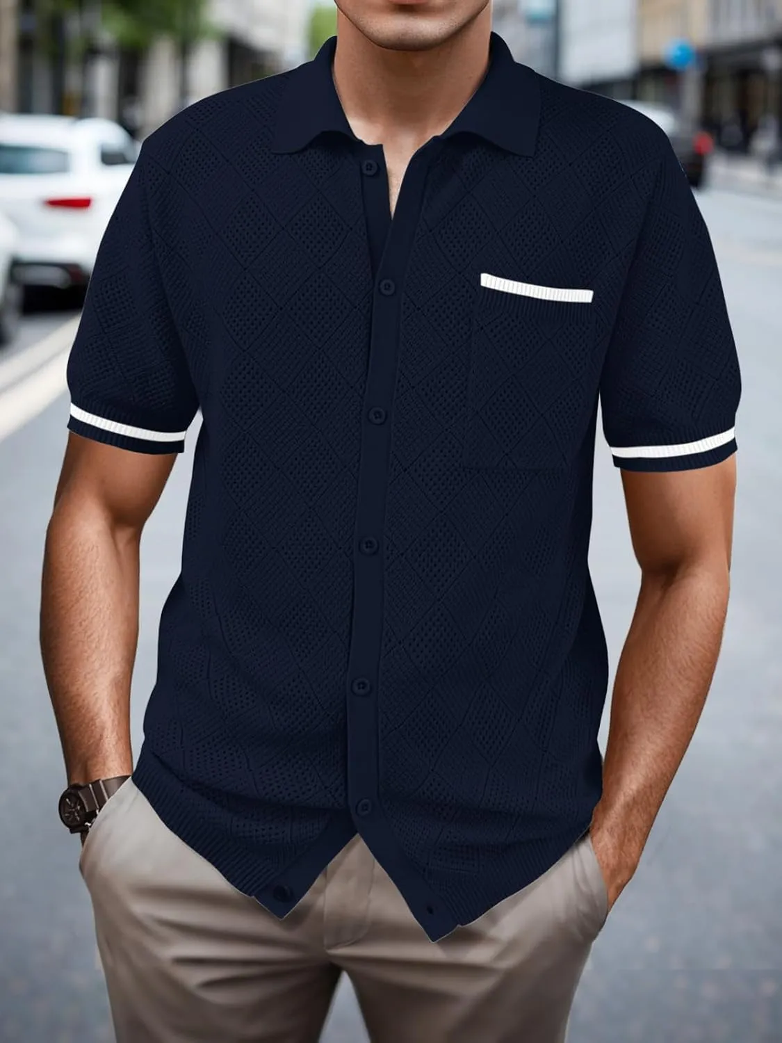 SuperPrity Men's Polo Shirt Vintage Knit Short Sleeve Shirts Button Down Beach Shirts Textured Golf Shirts with Pocket