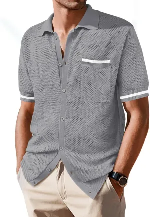 SuperPrity Men's Polo Shirt Vintage Knit Short Sleeve Shirts Button Down Beach Shirts Textured Golf Shirts with Pocket