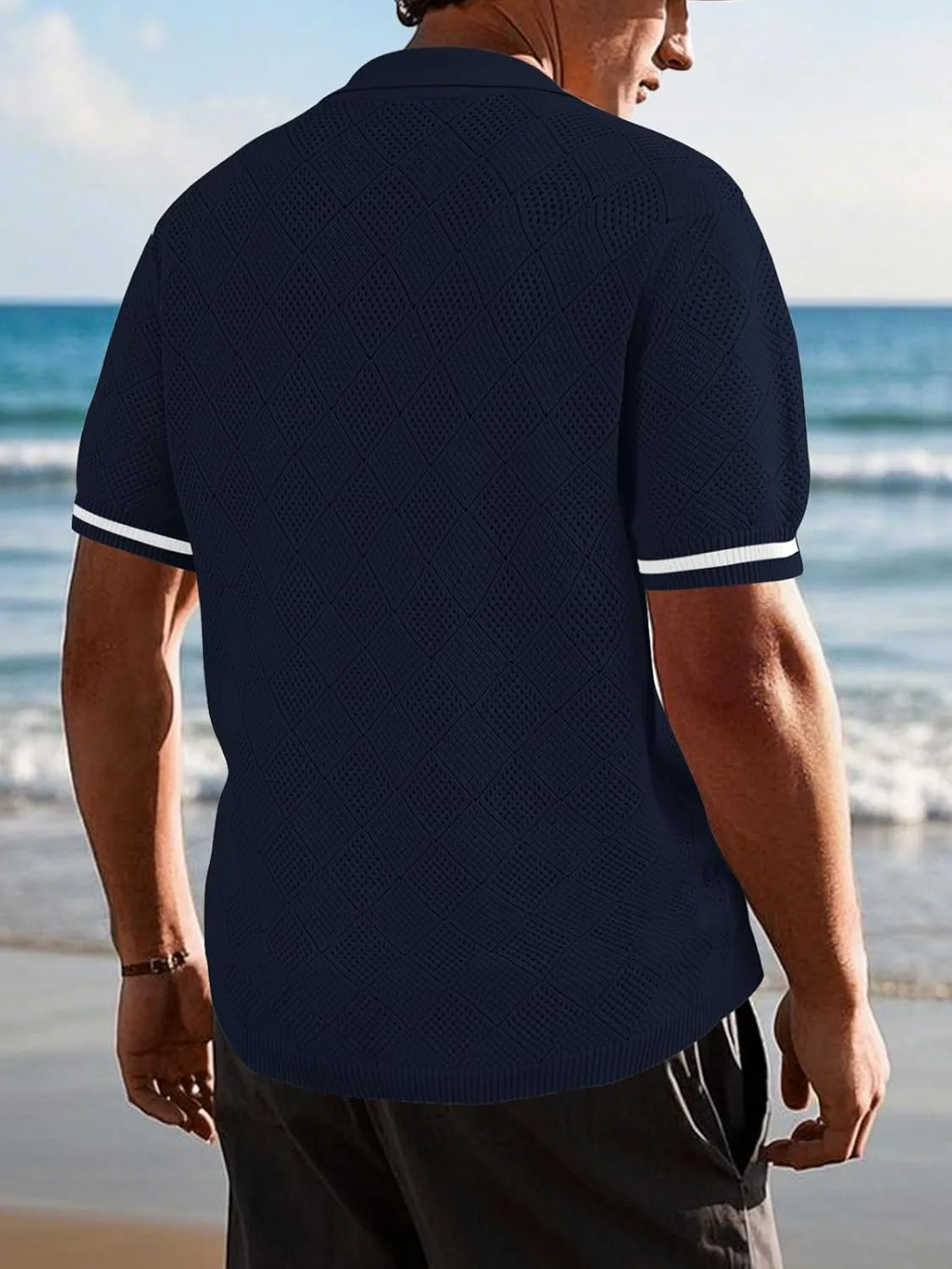 SuperPrity Men's Polo Shirt Vintage Knit Short Sleeve Shirts Button Down Beach Shirts Textured Golf Shirts with Pocket
