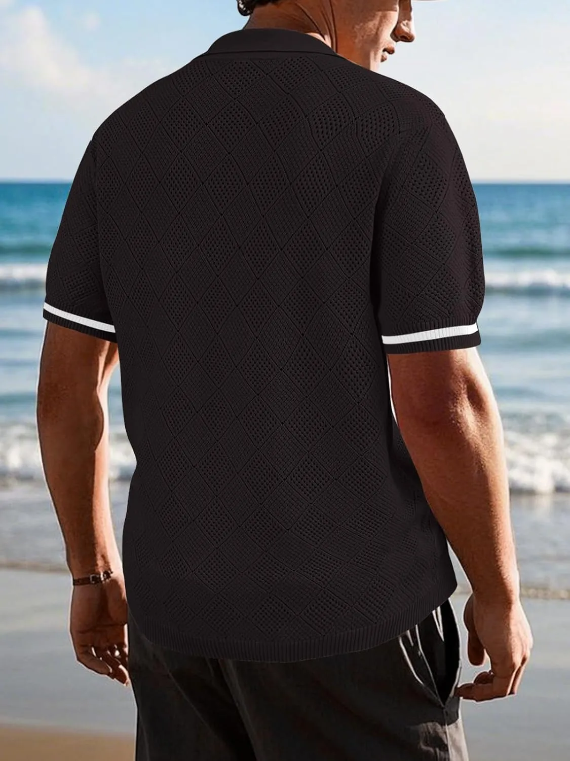 SuperPrity Men's Polo Shirt Vintage Knit Short Sleeve Shirts Button Down Beach Shirts Textured Golf Shirts with Pocket