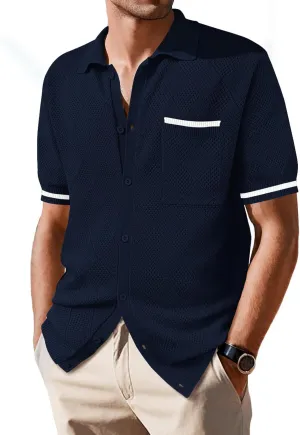 SuperPrity Men's Polo Shirt Vintage Knit Short Sleeve Shirts Button Down Beach Shirts Textured Golf Shirts with Pocket