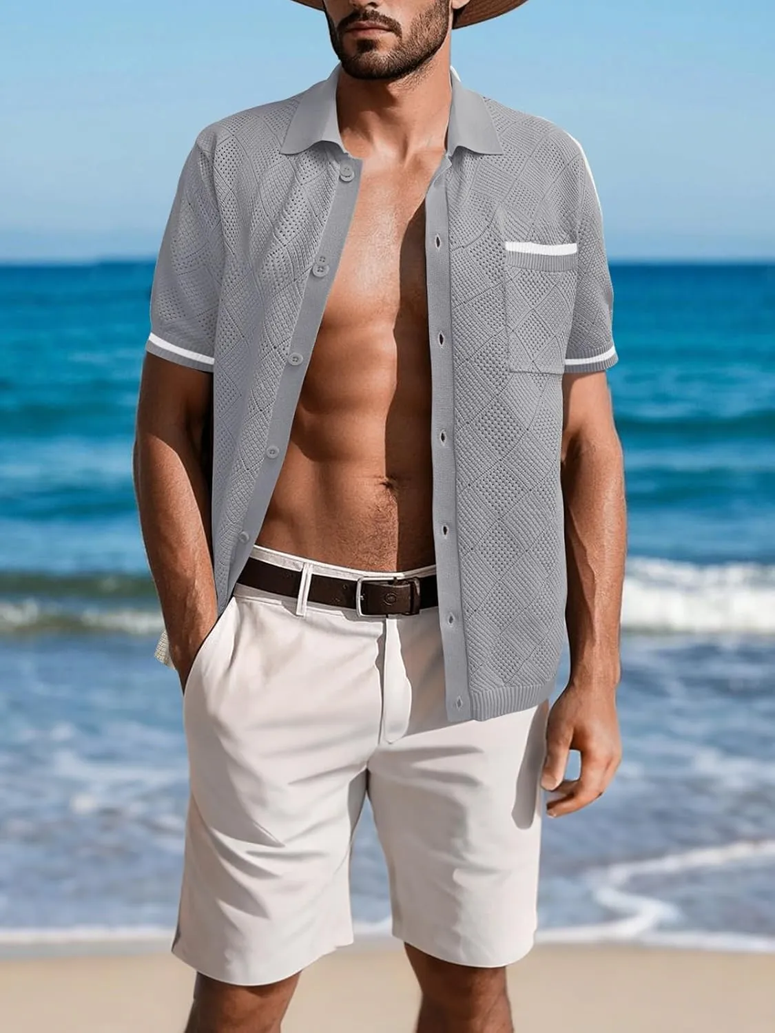 SuperPrity Men's Polo Shirt Vintage Knit Short Sleeve Shirts Button Down Beach Shirts Textured Golf Shirts with Pocket