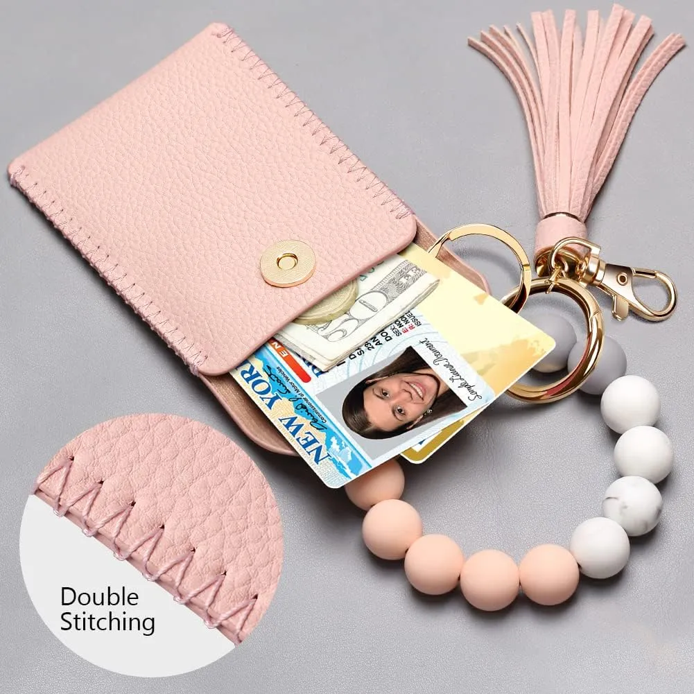 UpUDo Keychain Bracelet Wristlet, Silicone Beaded Key Ring Bracelet with Card Wallet, Elastic Keyring Bangle for Womens