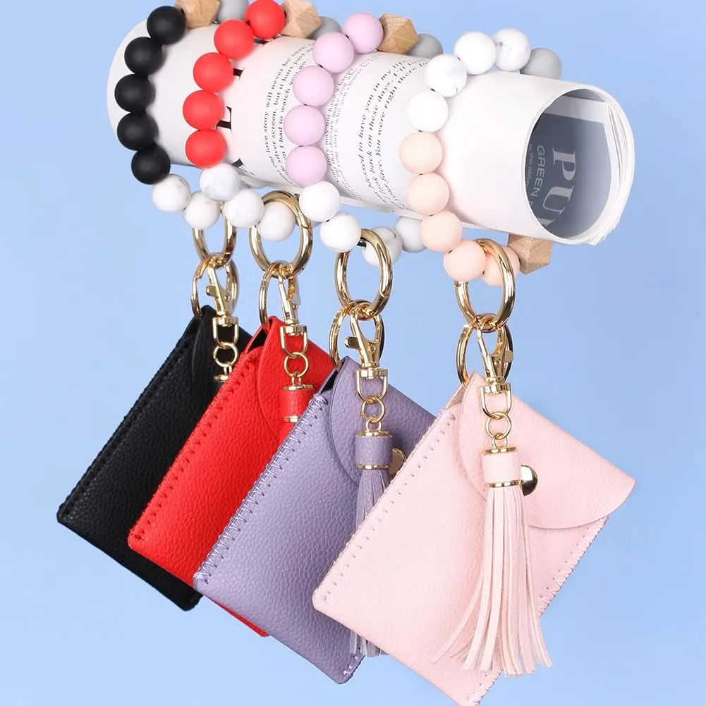 UpUDo Keychain Bracelet Wristlet, Silicone Beaded Key Ring Bracelet with Card Wallet, Elastic Keyring Bangle for Womens