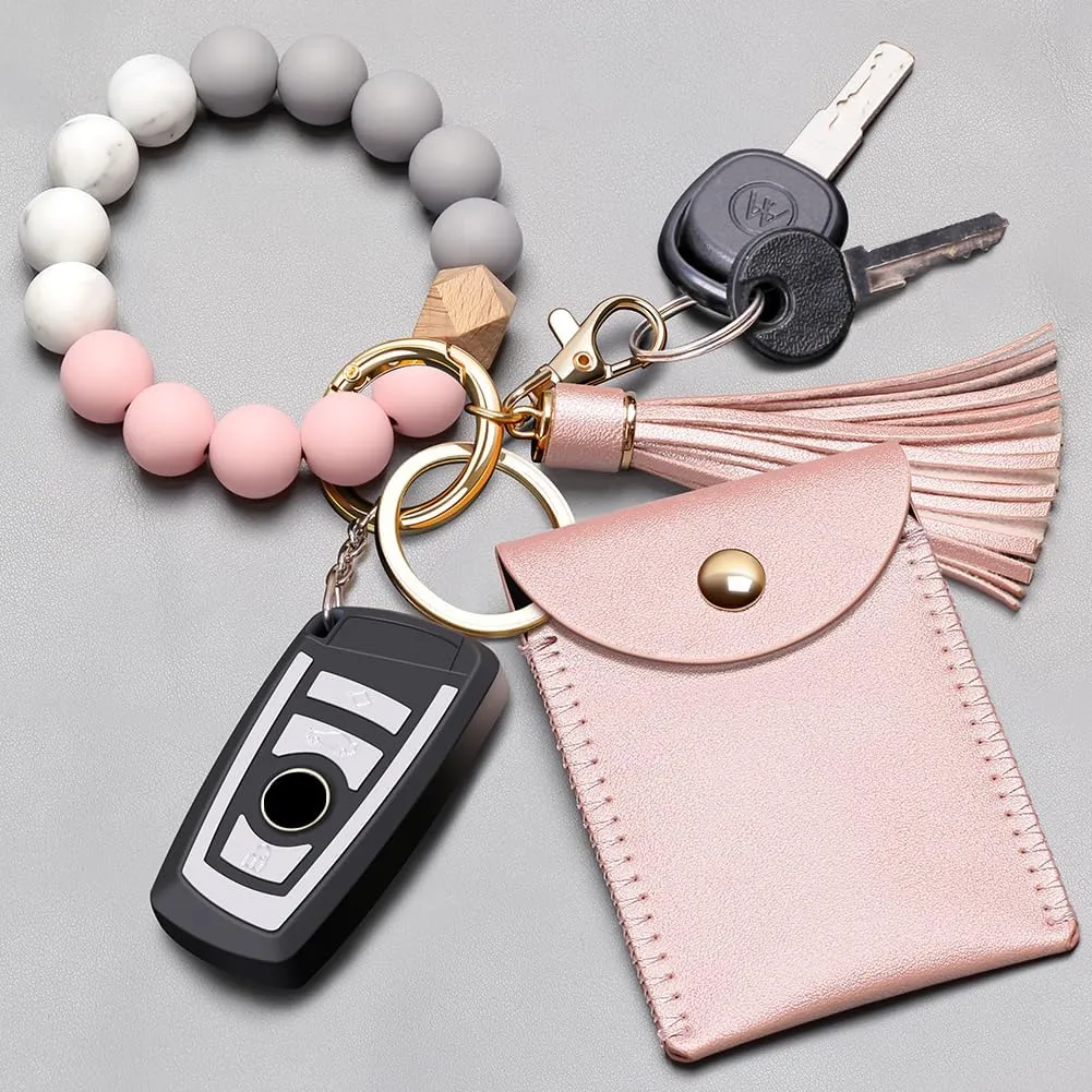 UpUDo Keychain Bracelet Wristlet, Silicone Beaded Key Ring Bracelet with Card Wallet, Elastic Keyring Bangle for Womens