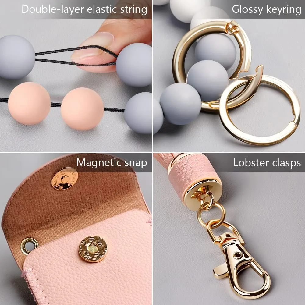 UpUDo Keychain Bracelet Wristlet, Silicone Beaded Key Ring Bracelet with Card Wallet, Elastic Keyring Bangle for Womens
