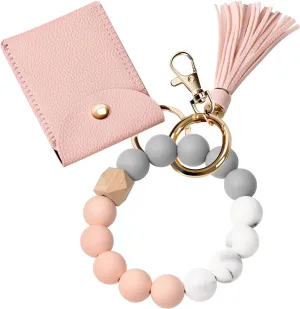 UpUDo Keychain Bracelet Wristlet, Silicone Beaded Key Ring Bracelet with Card Wallet, Elastic Keyring Bangle for Womens