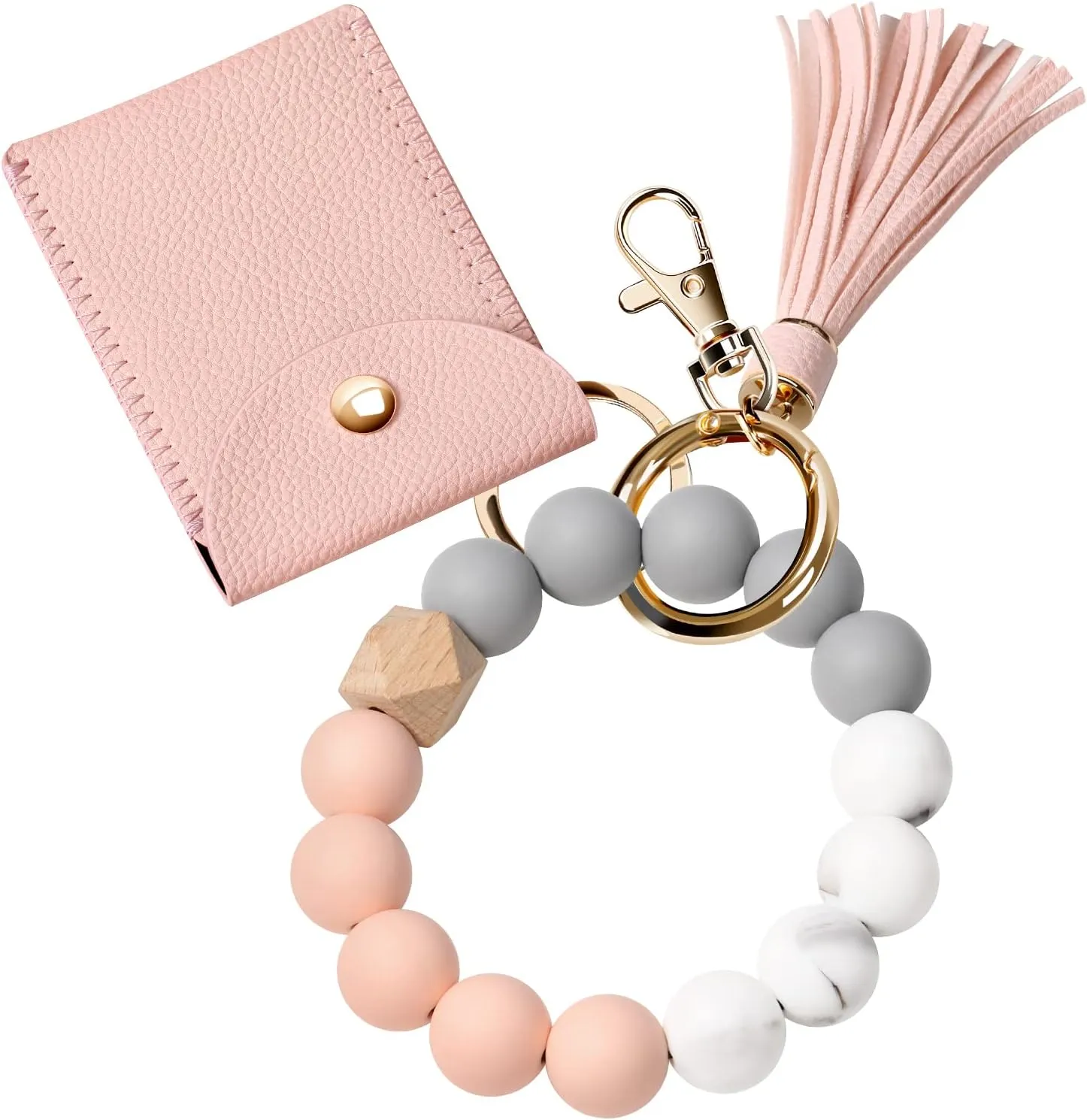 UpUDo Keychain Bracelet Wristlet, Silicone Beaded Key Ring Bracelet with Card Wallet, Elastic Keyring Bangle for Womens