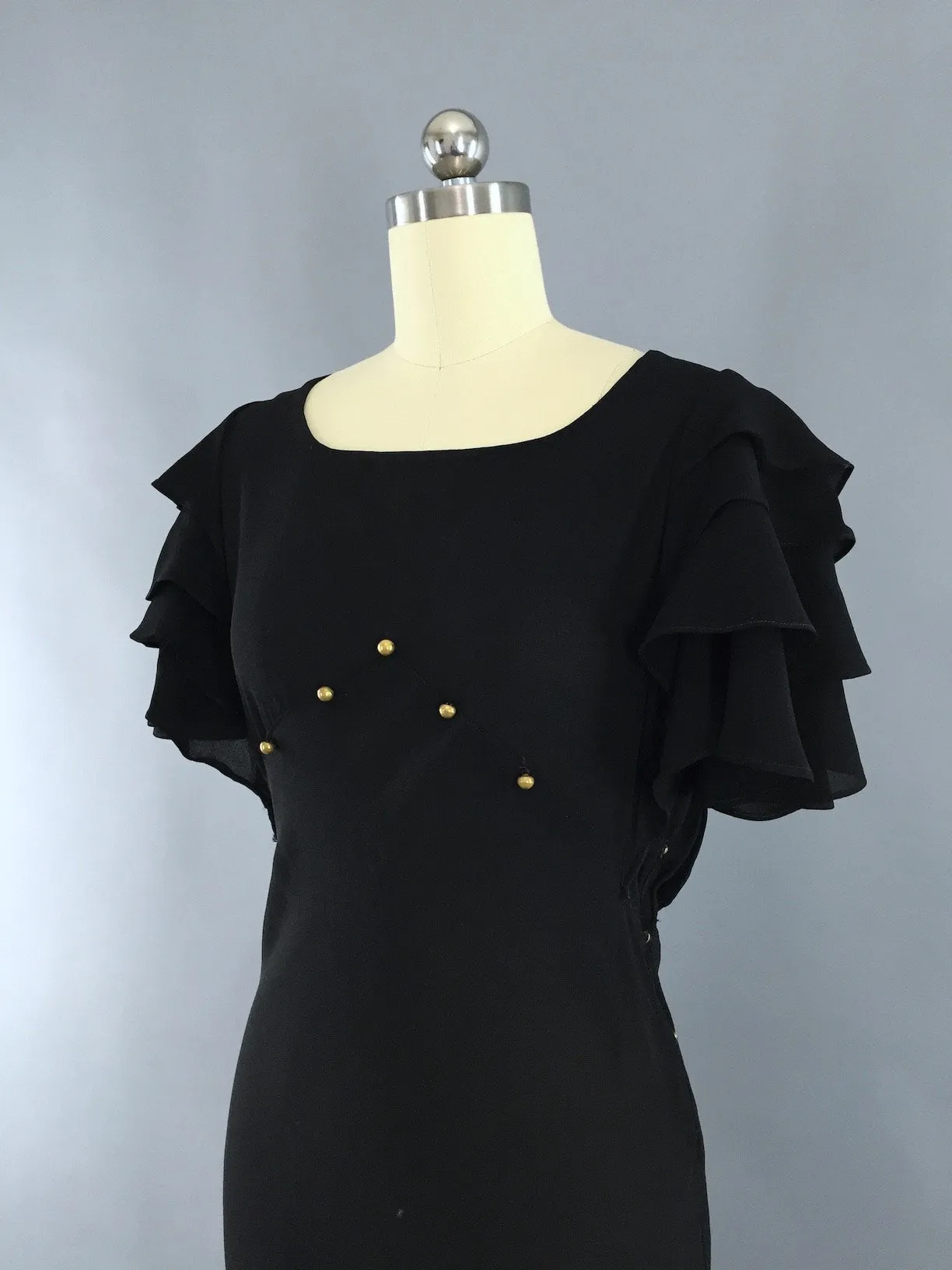 Vintage 1930s Black Dress / 30s Bias Cut Crepe Maxi Gown