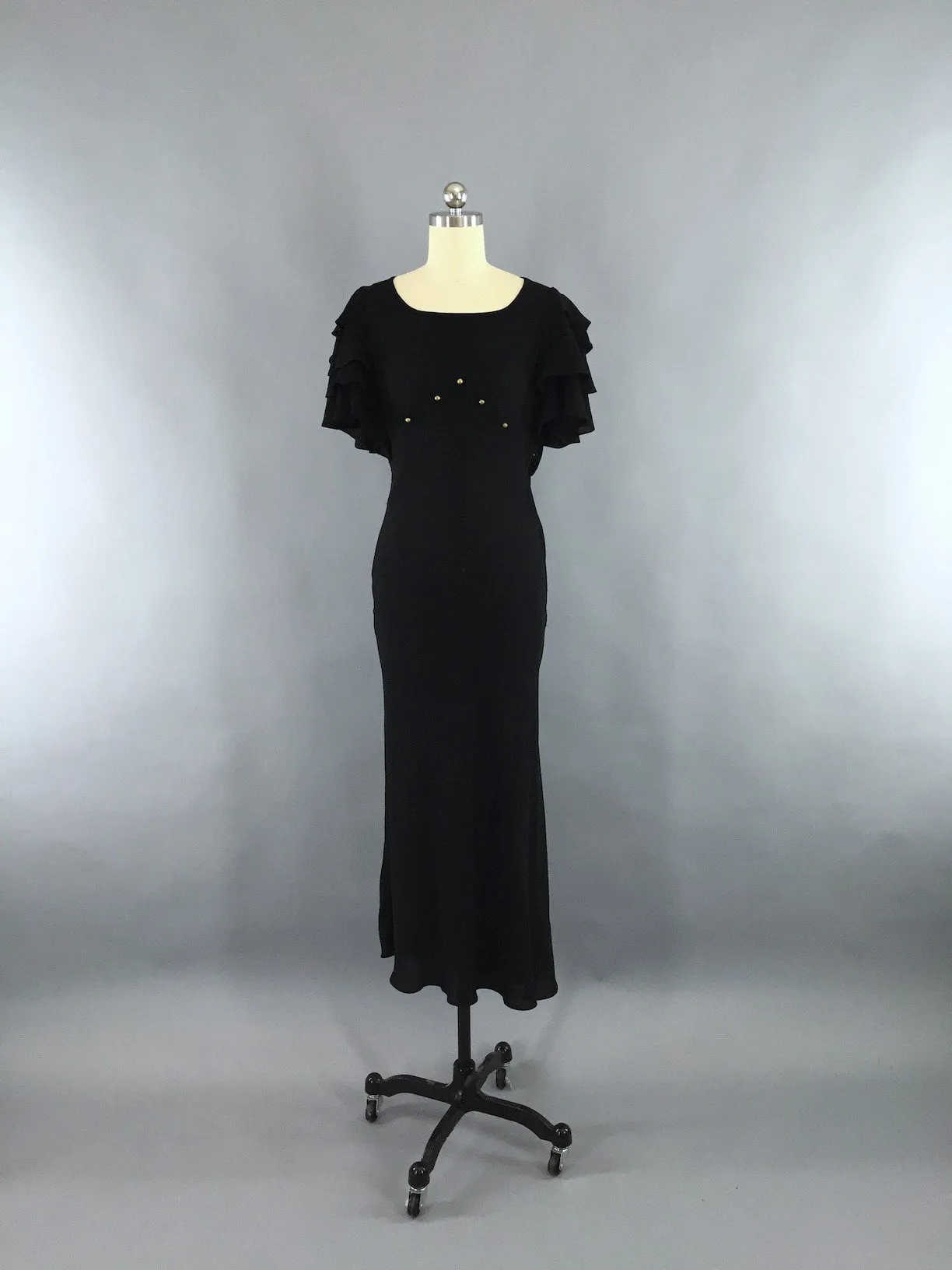 Vintage 1930s Black Dress / 30s Bias Cut Crepe Maxi Gown