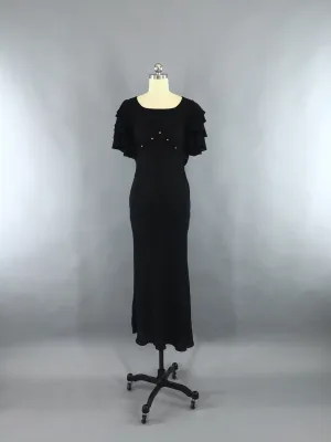 Vintage 1930s Black Dress / 30s Bias Cut Crepe Maxi Gown