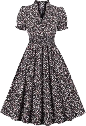 Wellwits Women's V Neck Smock Summer Ditsy Floral Vintage Dress