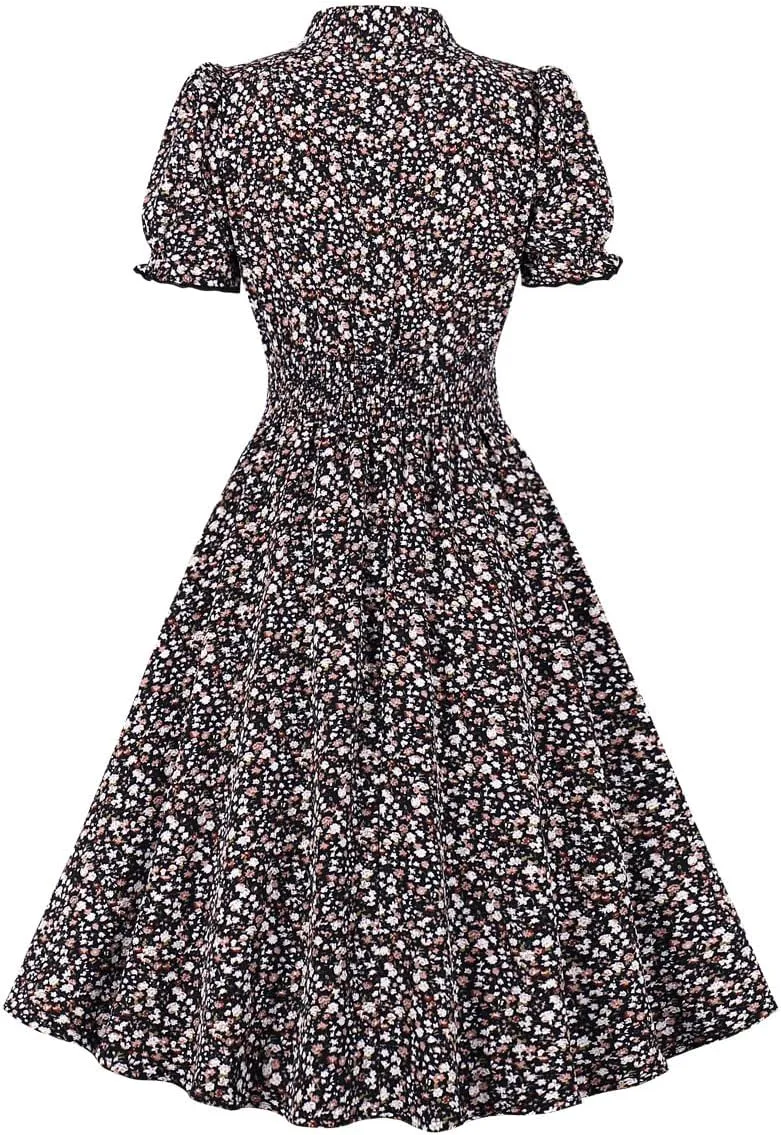 Wellwits Women's V Neck Smock Summer Ditsy Floral Vintage Dress