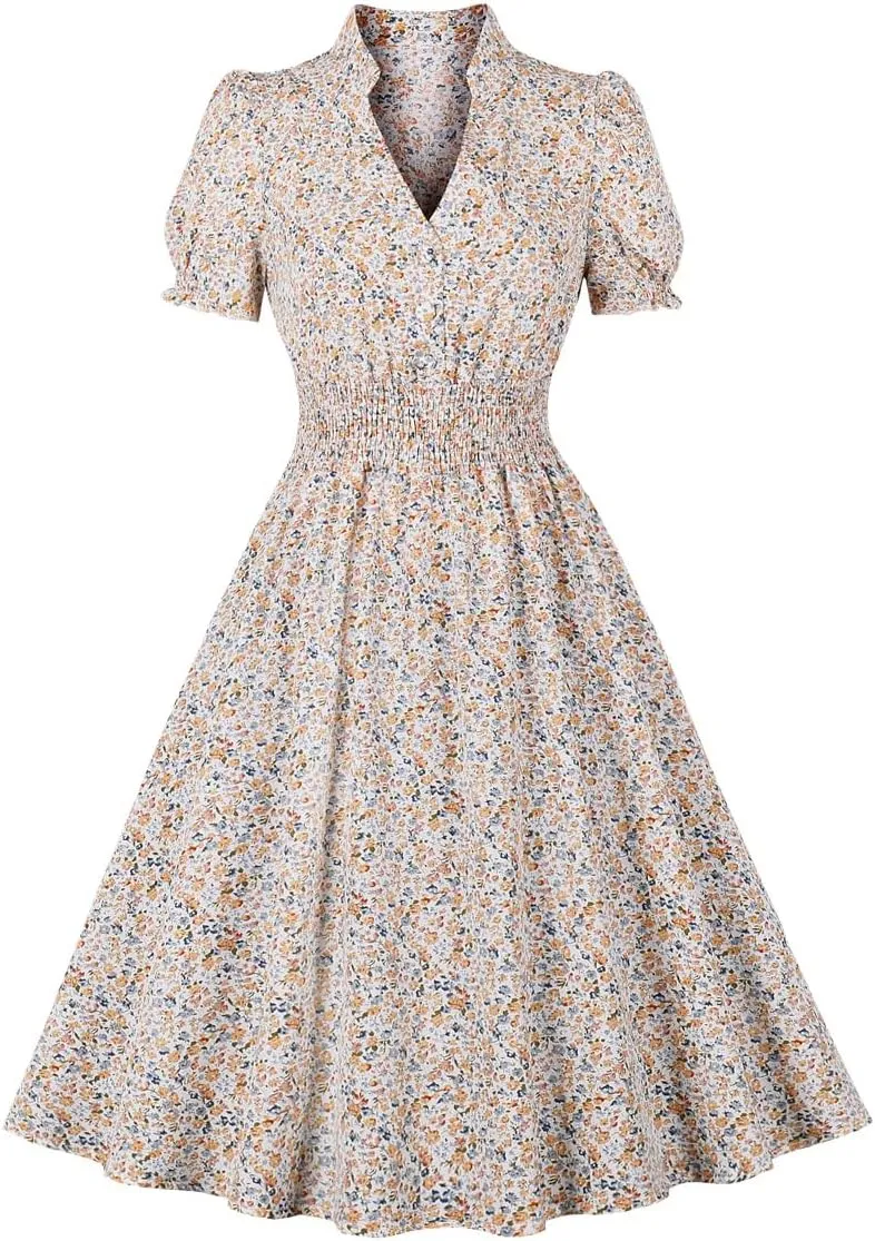 Wellwits Women's V Neck Smock Summer Ditsy Floral Vintage Dress