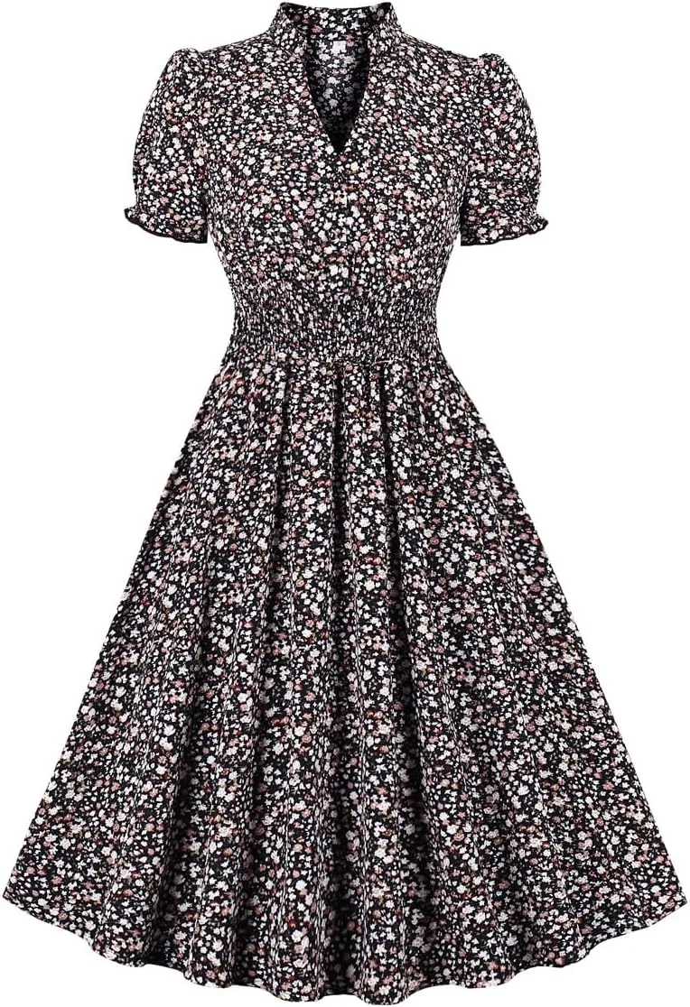 Wellwits Women's V Neck Smock Summer Ditsy Floral Vintage Dress