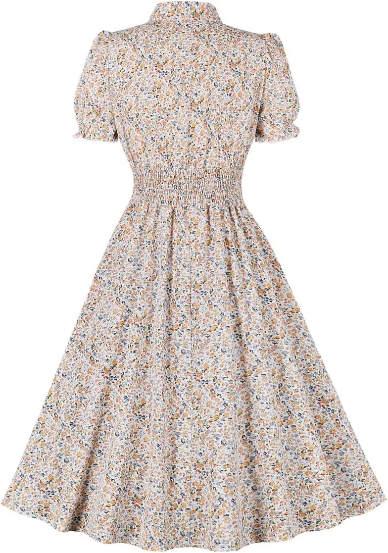 Wellwits Women's V Neck Smock Summer Ditsy Floral Vintage Dress
