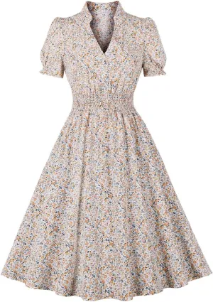 Wellwits Women's V Neck Smock Summer Ditsy Floral Vintage Dress
