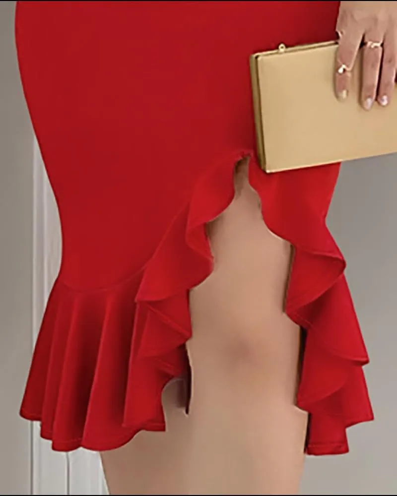 Women Cold Shoulder Night Out Dresses Beaded Strap Bodycon Dress Ruffle Split Hem Cocktail Party Midi Dress