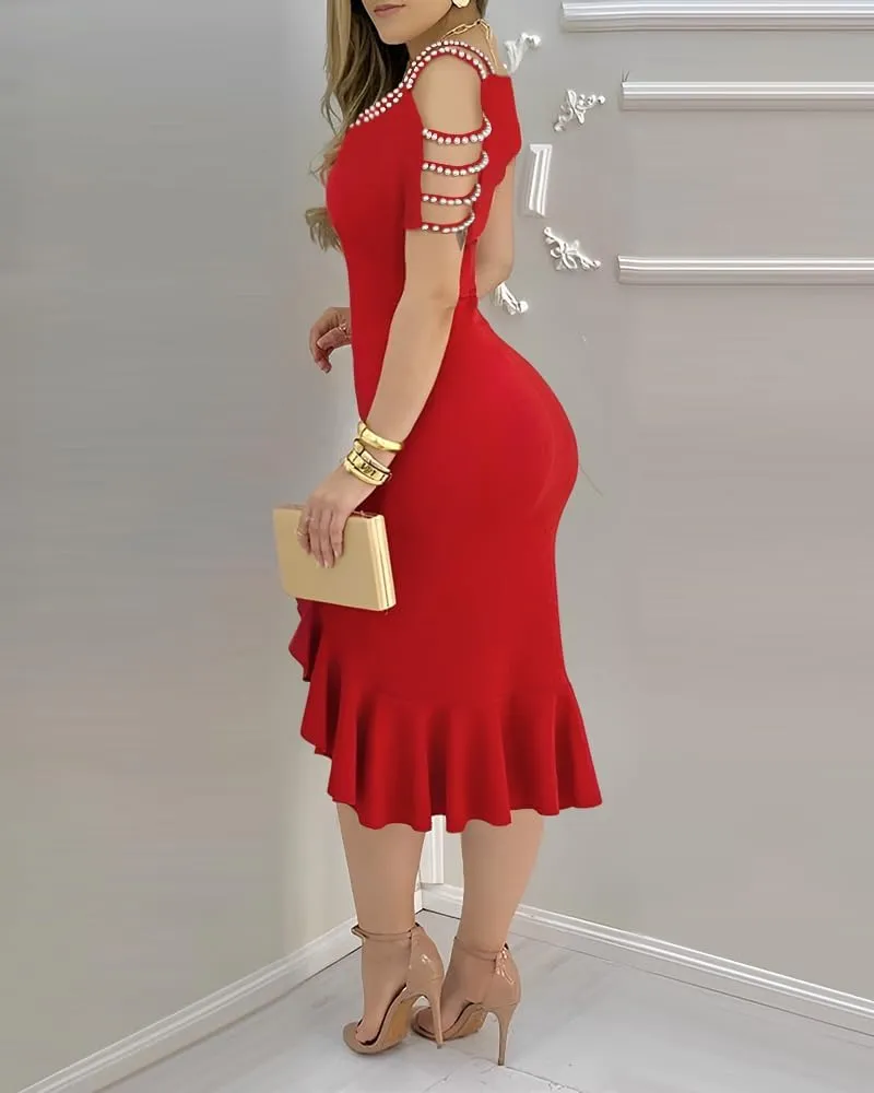 Women Cold Shoulder Night Out Dresses Beaded Strap Bodycon Dress Ruffle Split Hem Cocktail Party Midi Dress