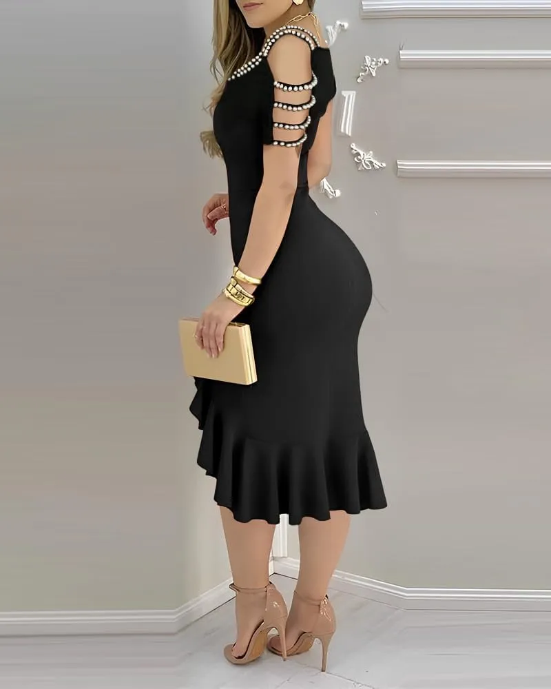 Women Cold Shoulder Night Out Dresses Beaded Strap Bodycon Dress Ruffle Split Hem Cocktail Party Midi Dress