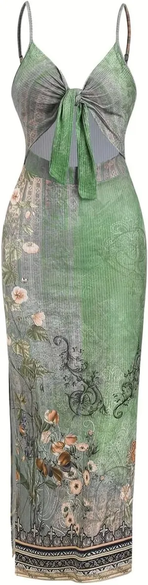 Women Sexy Spaghetti Strap Printing Knit Strapless Backless Sleeveless Dress