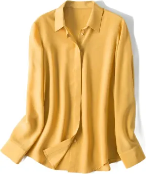 Women Silk Dress Shirts Real Silk Solid Long Sleeved Button Chic Blouses Spring Office Lady Top