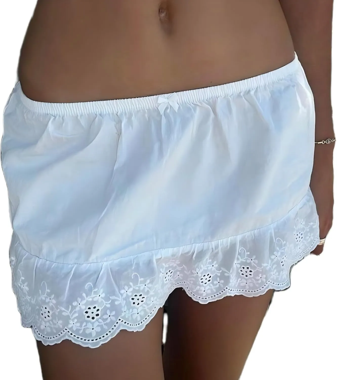 Women Y2k Lace Mini Skirt Boho Low Waist Floral Eyelet Short Aline Skirt Cute Ruffle Hem Concert Beach Skirt