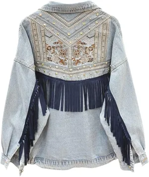 Women'S Autumn/Winter Denim Vintage Floral Embroidered Tassel Loose Jacket