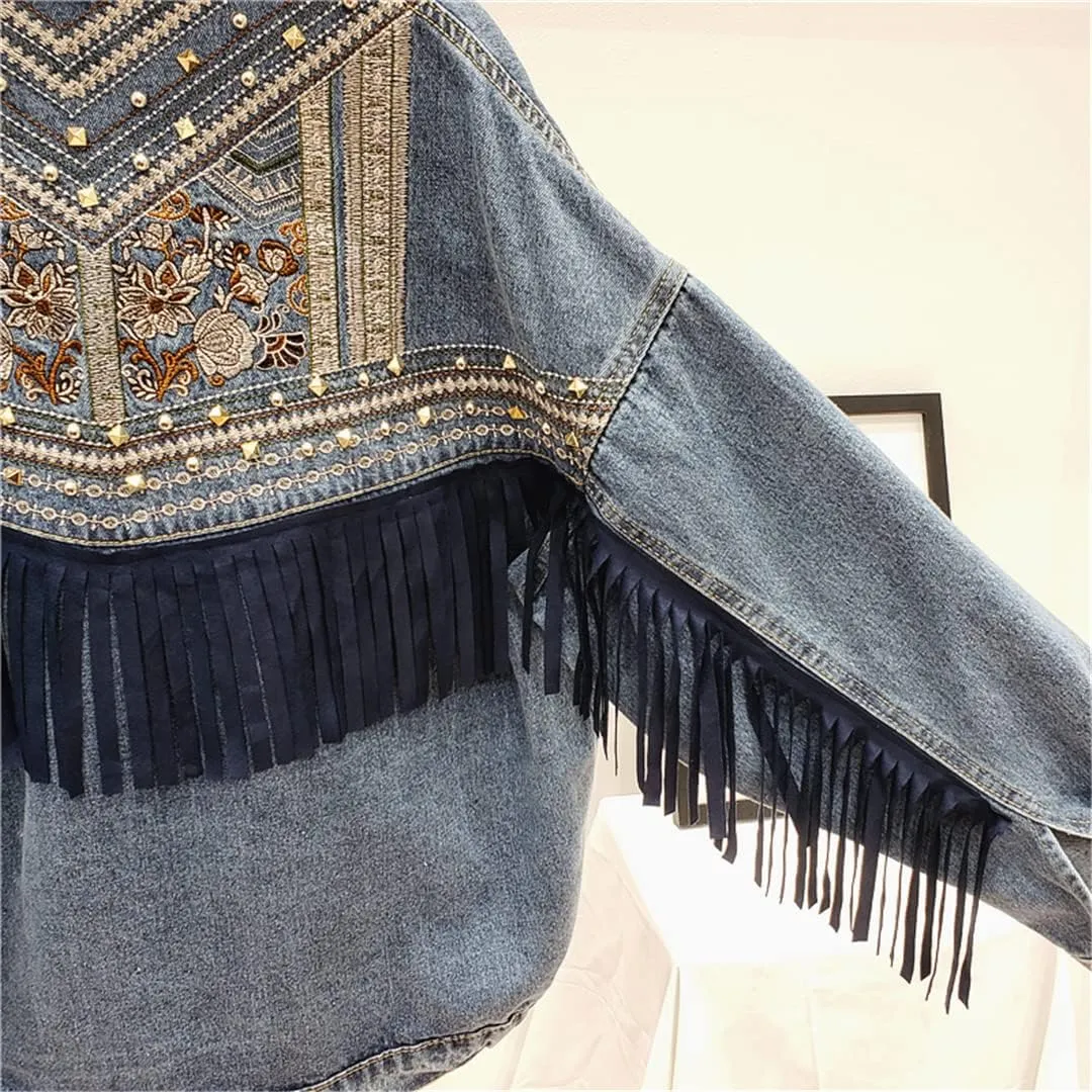 Women'S Autumn/Winter Denim Vintage Floral Embroidered Tassel Loose Jacket