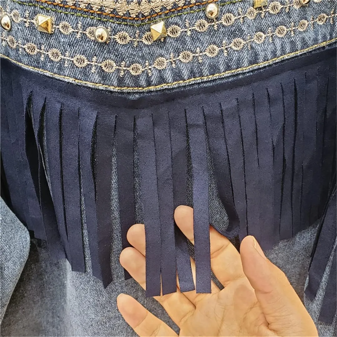 Women'S Autumn/Winter Denim Vintage Floral Embroidered Tassel Loose Jacket