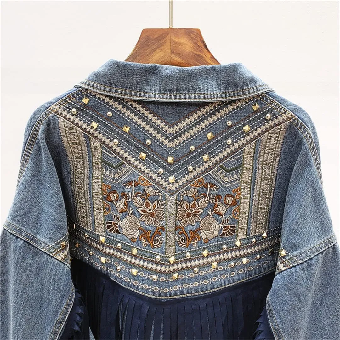 Women'S Autumn/Winter Denim Vintage Floral Embroidered Tassel Loose Jacket