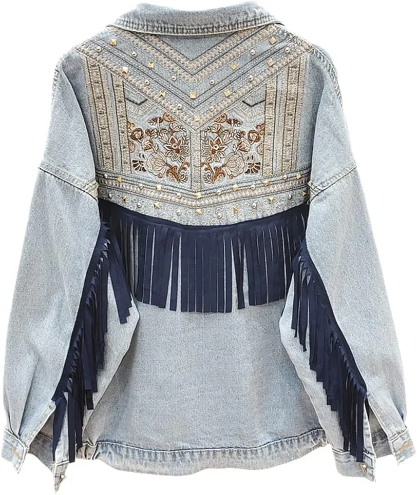 Women'S Autumn/Winter Denim Vintage Floral Embroidered Tassel Loose Jacket