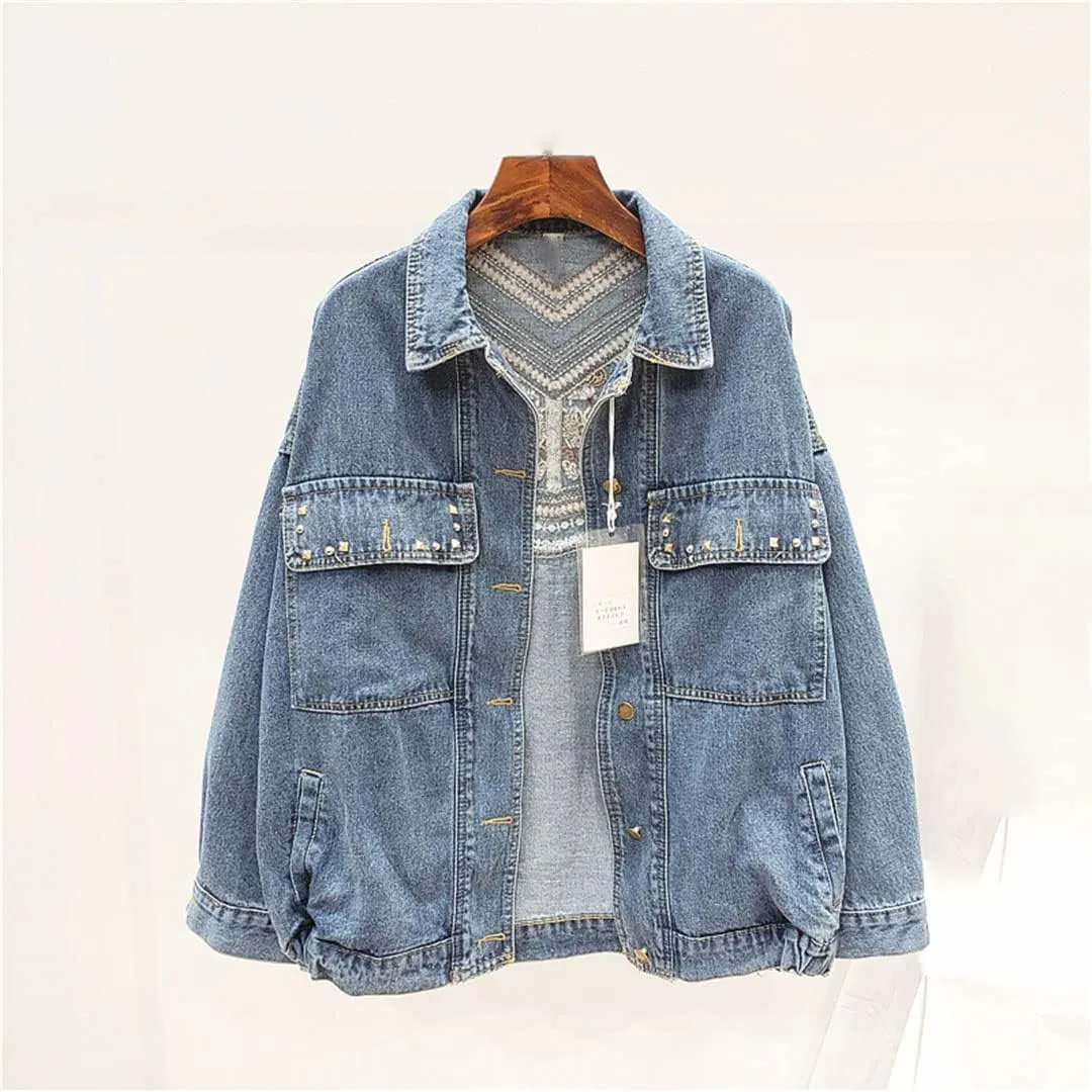 Women'S Autumn/Winter Denim Vintage Floral Embroidered Tassel Loose Jacket