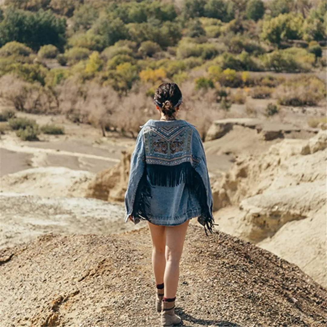 Women'S Autumn/Winter Denim Vintage Floral Embroidered Tassel Loose Jacket