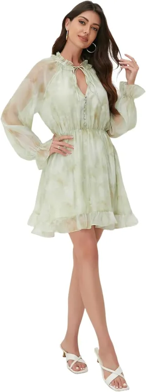 Women's Floral Mini Dress - V-Neck Long Sleeve Floral Mini Dress for Beach, Graduation or Mother's Gift, Boho Spring/Summer