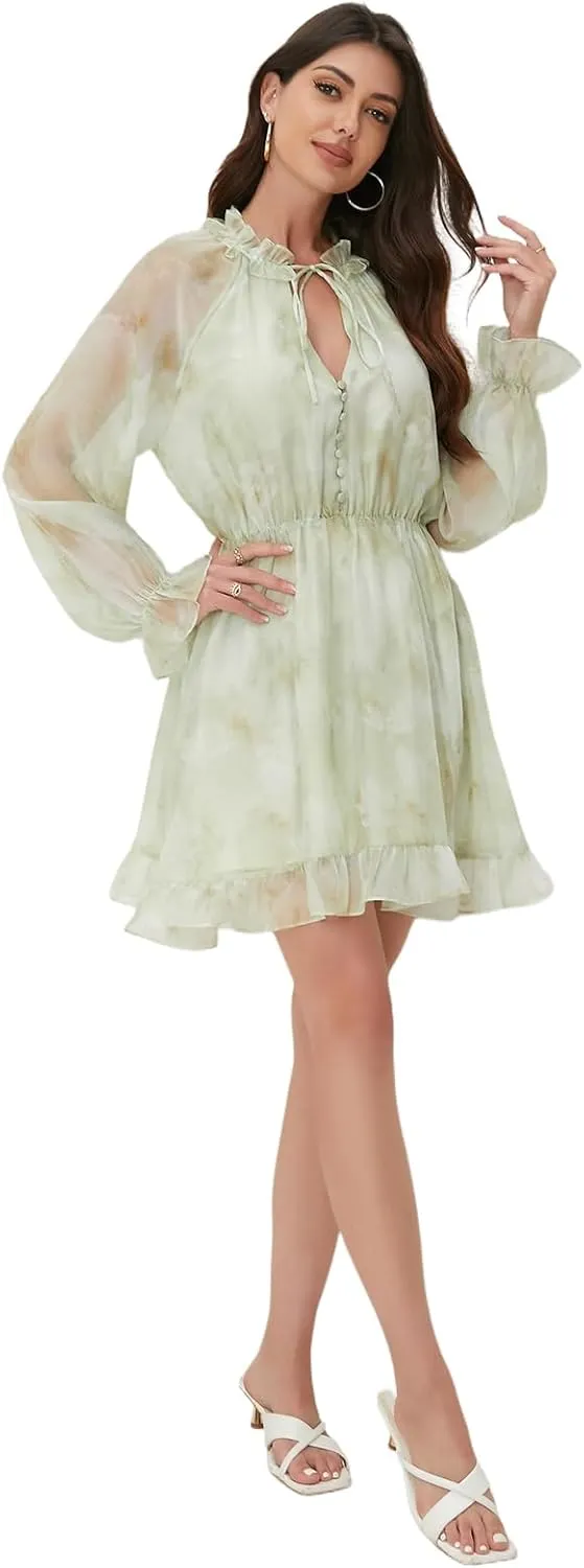 Women's Floral Mini Dress - V-Neck Long Sleeve Floral Mini Dress for Beach, Graduation or Mother's Gift, Boho Spring/Summer