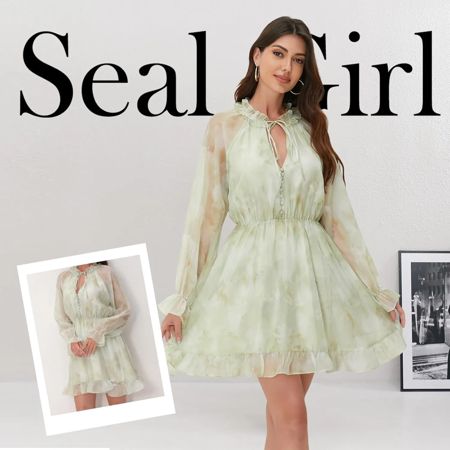 Women's Floral Mini Dress - V-Neck Long Sleeve Floral Mini Dress for Beach, Graduation or Mother's Gift, Boho Spring/Summer
