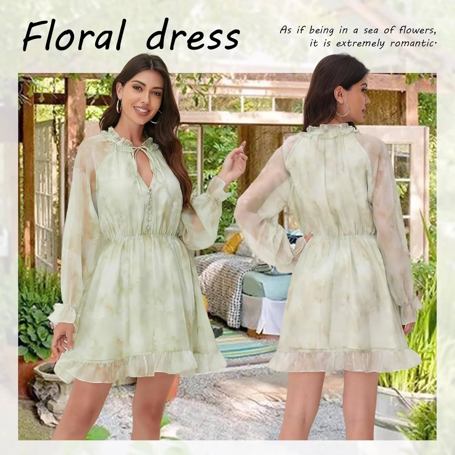 Women's Floral Mini Dress - V-Neck Long Sleeve Floral Mini Dress for Beach, Graduation or Mother's Gift, Boho Spring/Summer