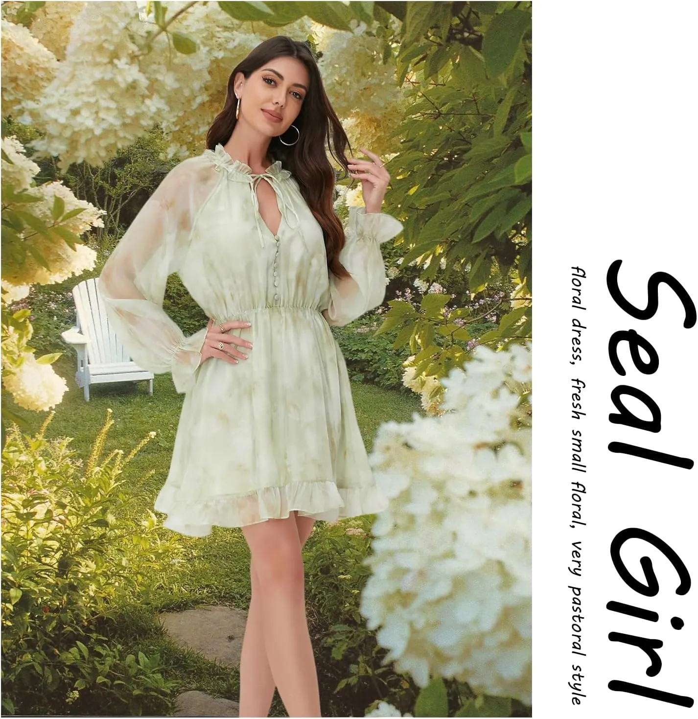 Women's Floral Mini Dress - V-Neck Long Sleeve Floral Mini Dress for Beach, Graduation or Mother's Gift, Boho Spring/Summer