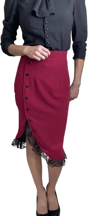 Womens High Waist Pencil Skirt  Vintage Lace Trim Tulip Hem Midi Skirt with Buttons  Wiggle Fit for Work or Evening