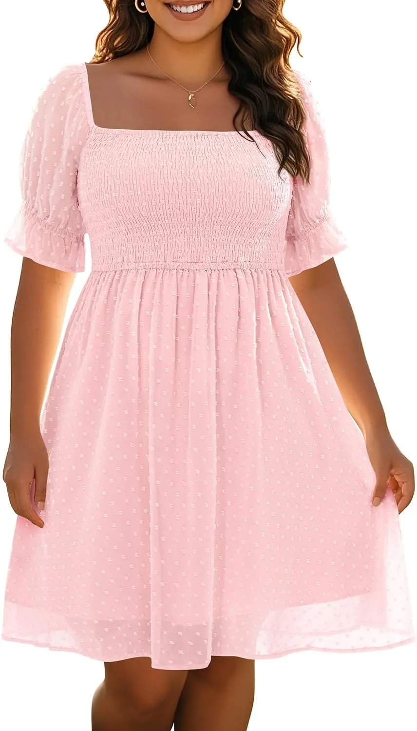Women's Puff Sleeve Square Neck Mini Summer Sundress Chiffon Swiss Dot Flowy Smocked Dress
