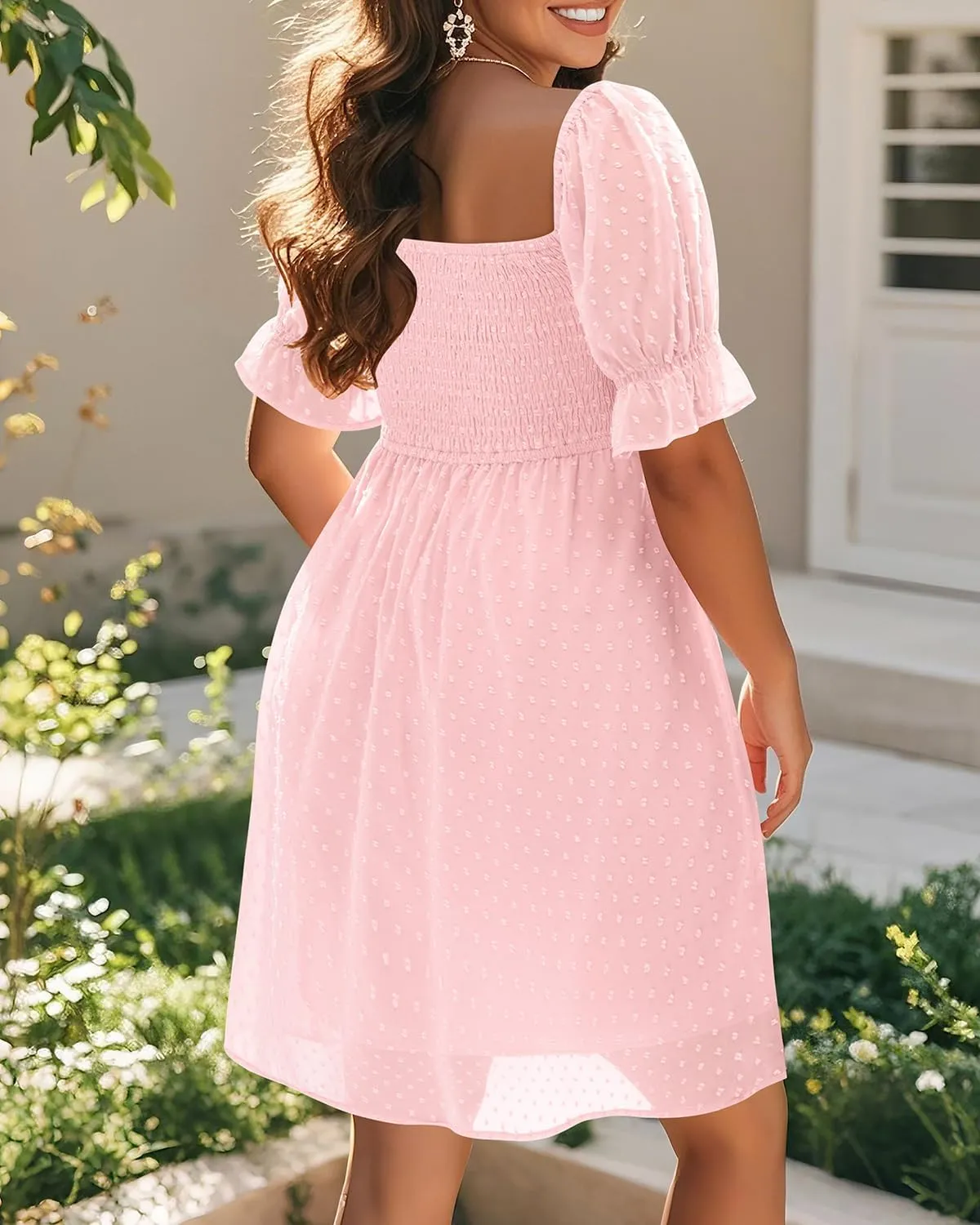 Women's Puff Sleeve Square Neck Mini Summer Sundress Chiffon Swiss Dot Flowy Smocked Dress