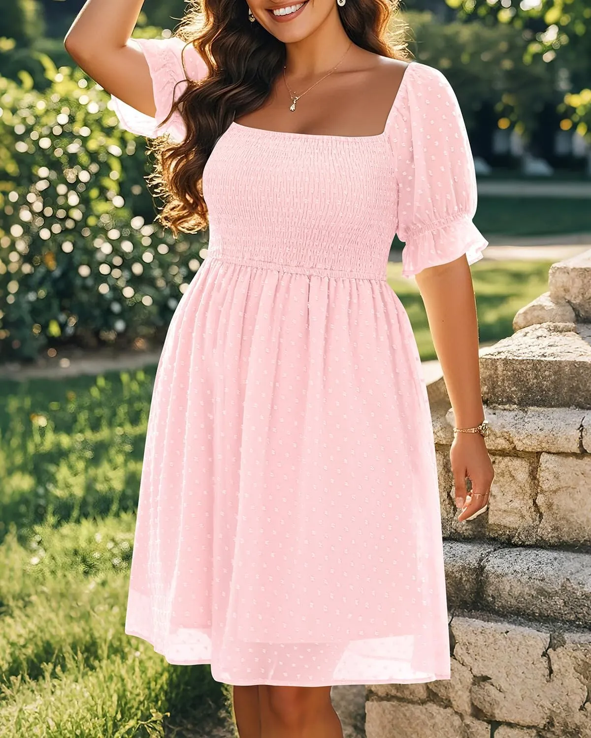 Women's Puff Sleeve Square Neck Mini Summer Sundress Chiffon Swiss Dot Flowy Smocked Dress