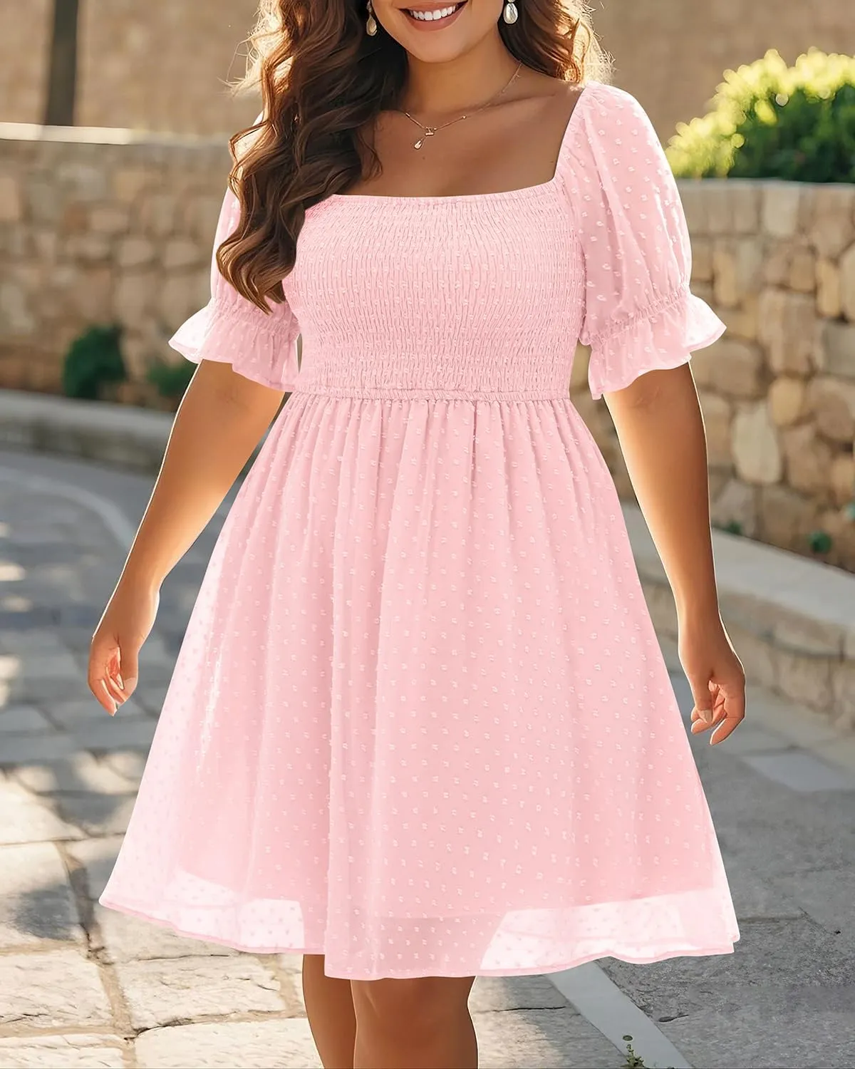 Women's Puff Sleeve Square Neck Mini Summer Sundress Chiffon Swiss Dot Flowy Smocked Dress