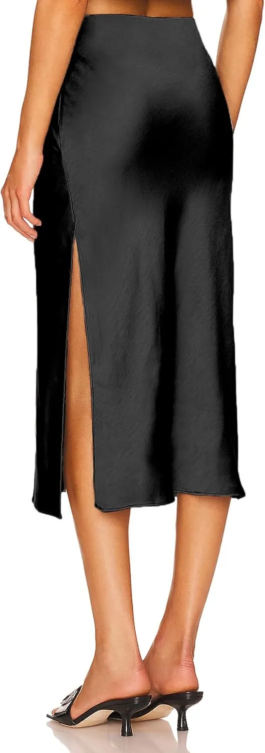 Womens Satin Silk High Waist Slit Midi Skirt Elastic Waistband Midi Skirts for Women