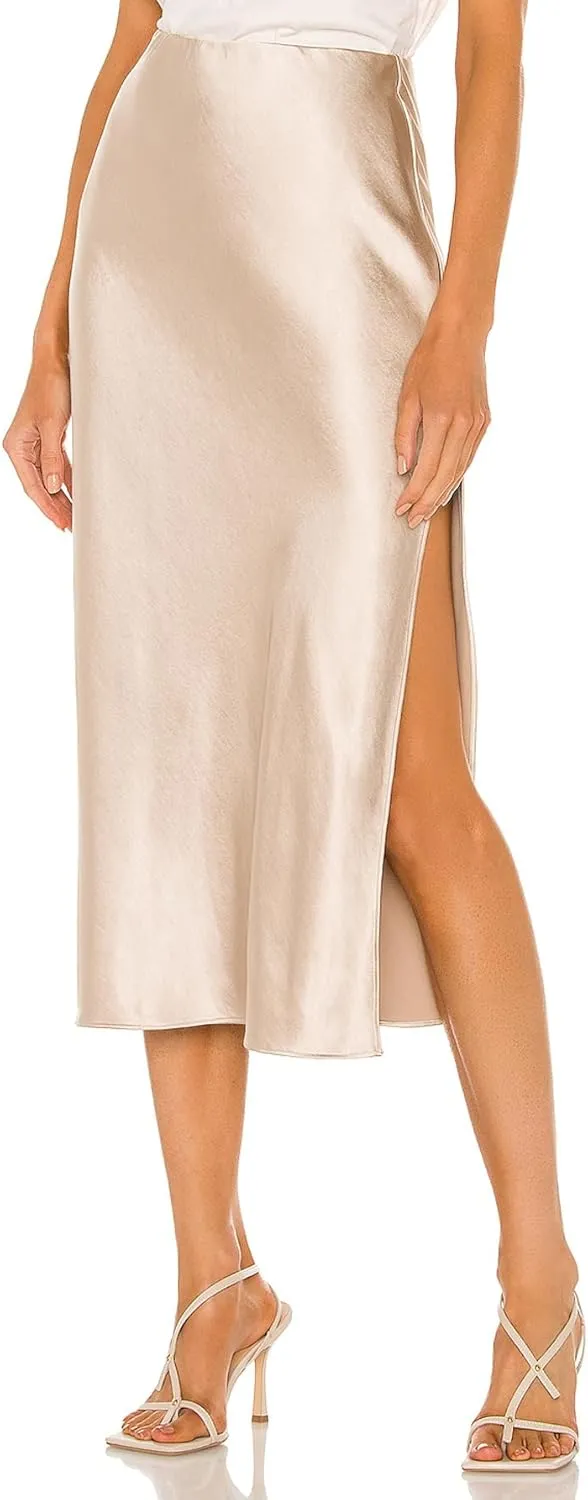 Womens Satin Silk High Waist Slit Midi Skirt Elastic Waistband Midi Skirts for Women