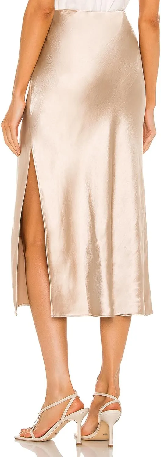 Womens Satin Silk High Waist Slit Midi Skirt Elastic Waistband Midi Skirts for Women