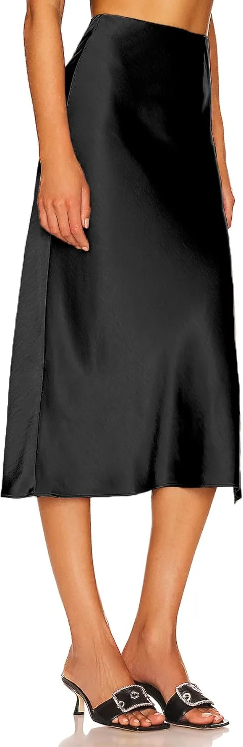 Womens Satin Silk High Waist Slit Midi Skirt Elastic Waistband Midi Skirts for Women