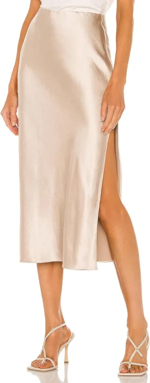 Womens Satin Silk High Waist Slit Midi Skirt Elastic Waistband Midi Skirts for Women