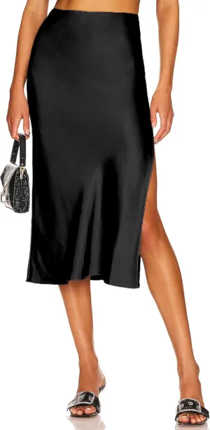Womens Satin Silk High Waist Slit Midi Skirt Elastic Waistband Midi Skirts for Women